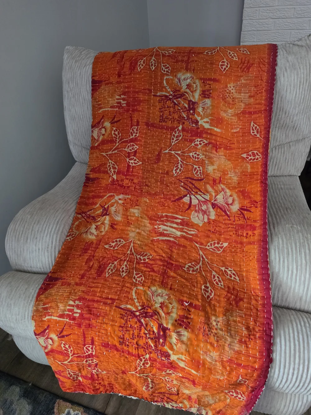 Kantha Quilt Recycled Indian Sari Fabric Cotton Blanket Handstitched  86x52